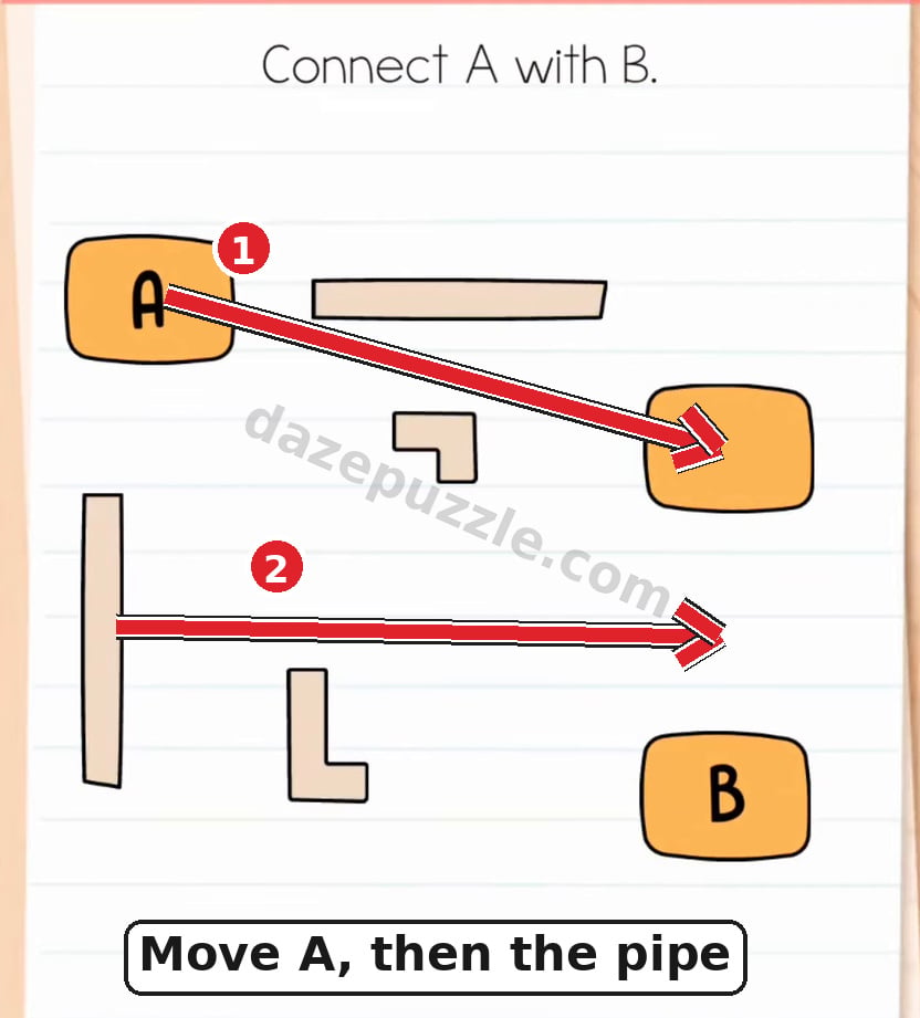 Brain Test Level 580 answer steps showing A moved above B and the straight pipe placed in the gap
