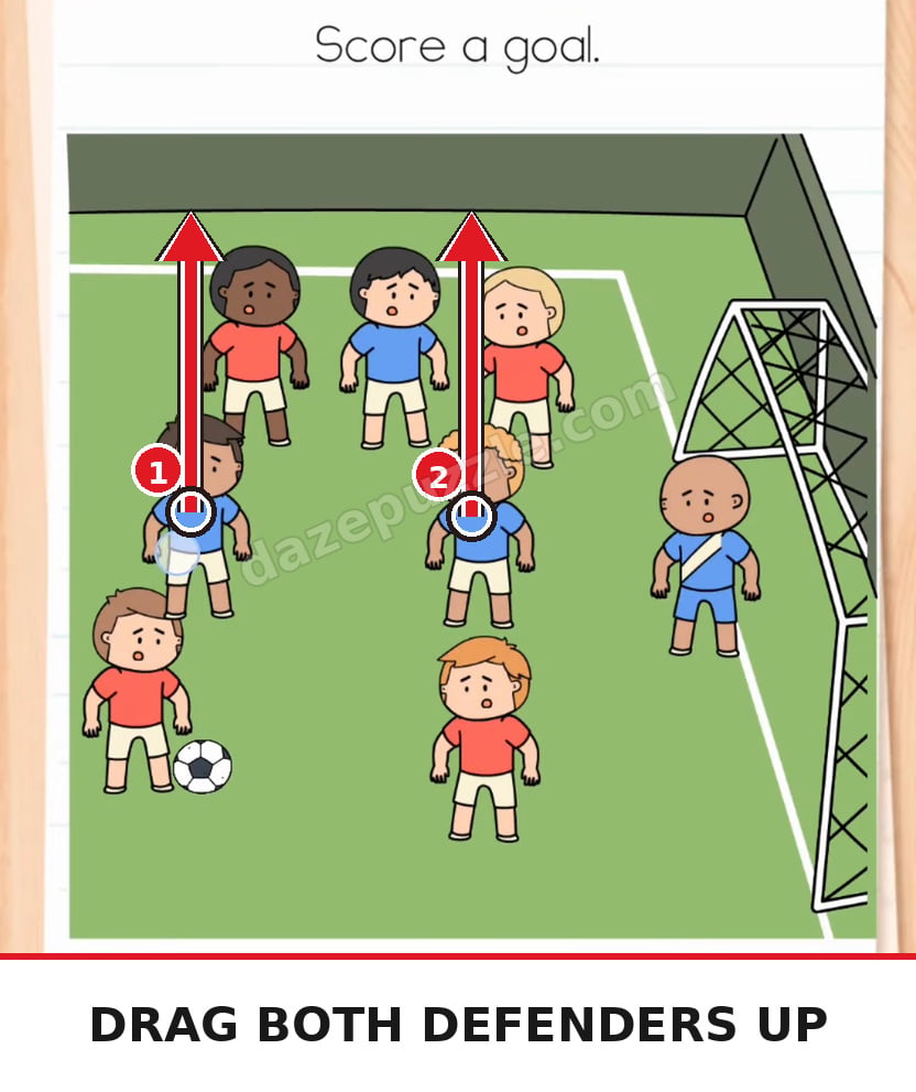 Brain Test Level 582 answer step showing vertical arrows moving both blocking blue defenders up