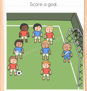 Brain Test Level 582 Score a goal puzzle with red and blue football players, a ball, and a goal