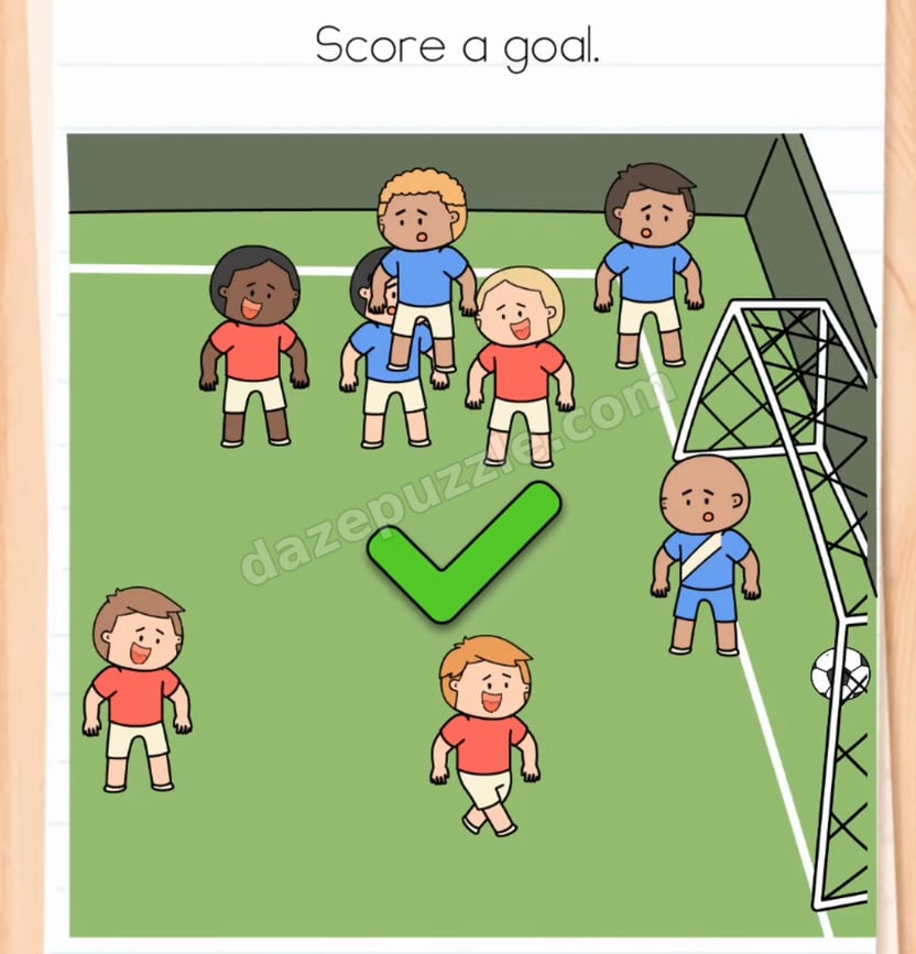 Brain Test Level 582 solved with the ball in the goal and the authentic green check