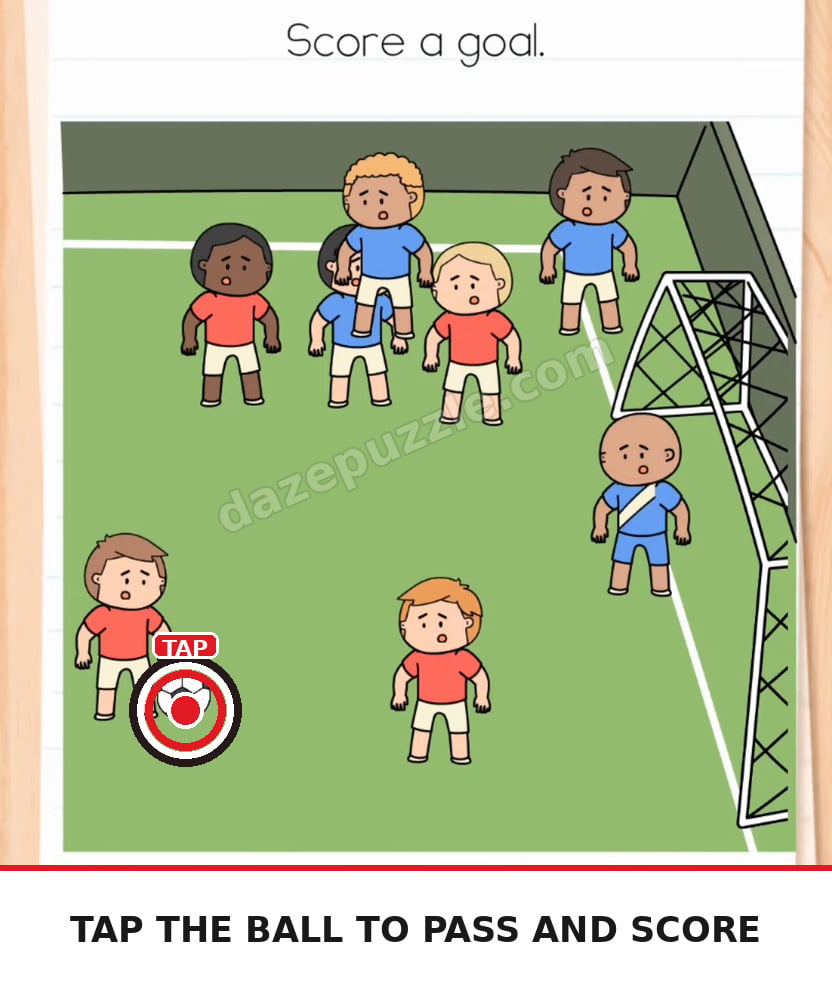 Brain Test Level 582 answer step showing tap marker on the soccer ball to pass and score without defenders