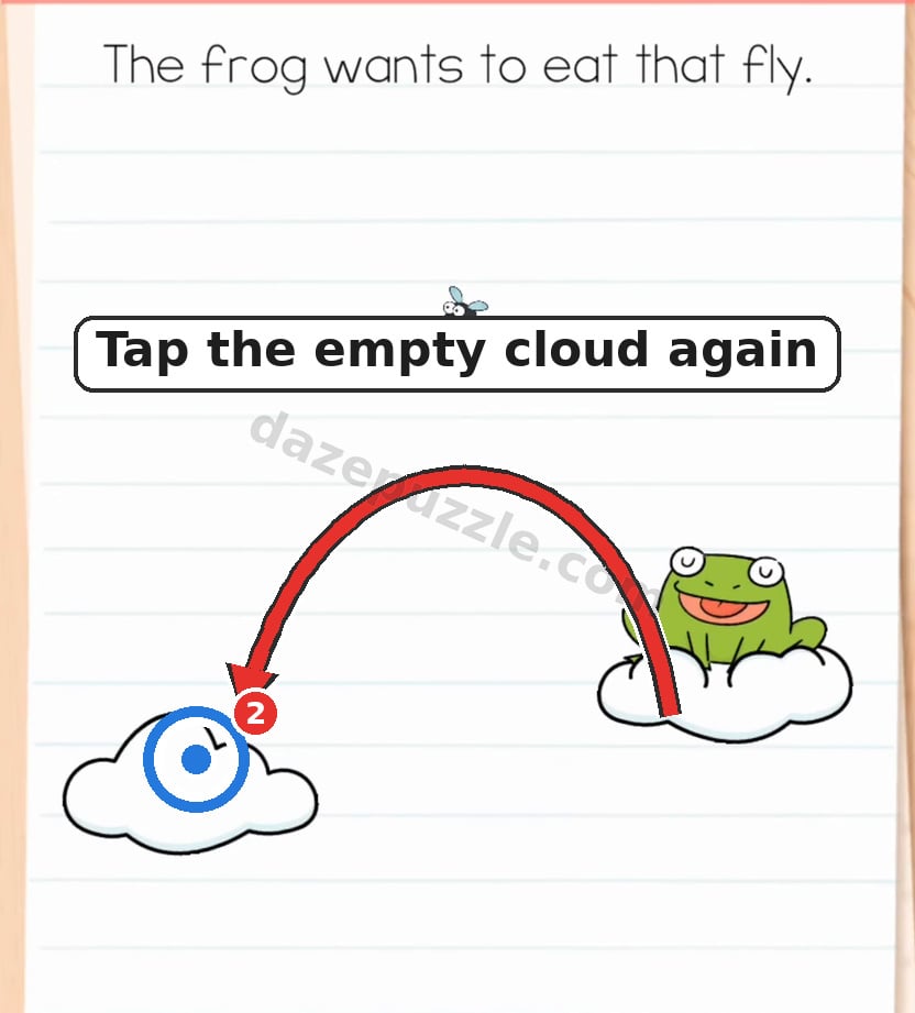 Brain Test Level 583 second step showing the empty left cloud to tap so the frog jumps back through the fly