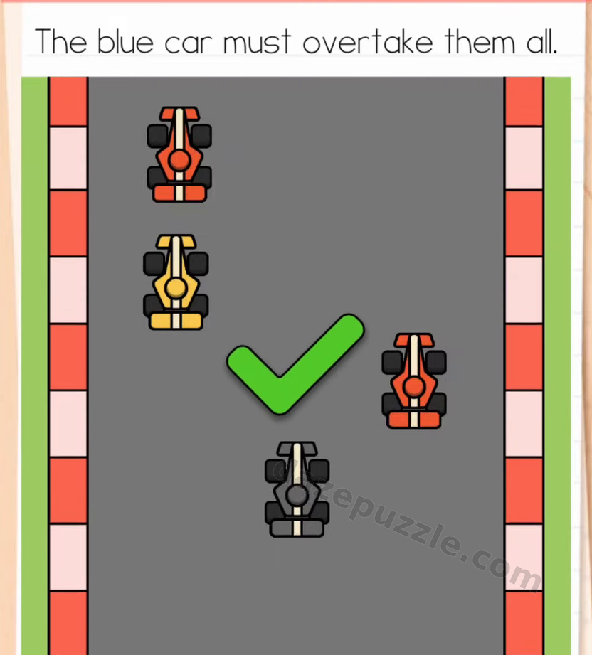 Brain Test Level 584 solved race with the authentic green check after the blue car exits the track