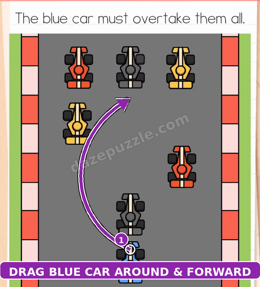 Brain Test Level 584 curved arrow showing blue car dragged around the lower black car into the middle lane