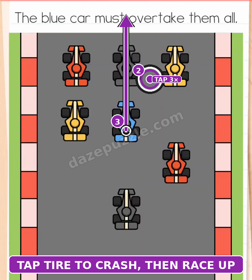 Brain Test Level 584 step showing tap marker on the top black car tire to crash into yellow, and arrow for blue car to overtake