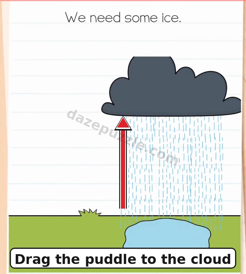 Brain Test Level 585 second step showing the puddle dragged upward to the cloud