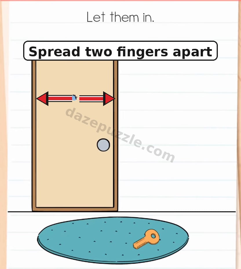 Brain Test Level 586 outward arrows showing a two-finger spread on the tiny man in the door