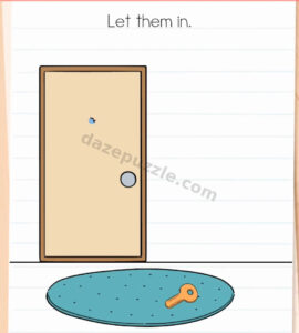 Brain Test Level 586 initial puzzle with a tiny man on the closed door and a key on the mat