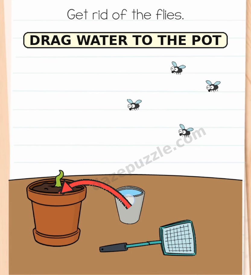 Brain Test Level 587 arrow showing the glass of water dragged into the flowerpot