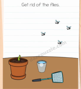 Brain Test Level 587 initial puzzle with four flies, a flowerpot sprout, water glass, and fly swatter
