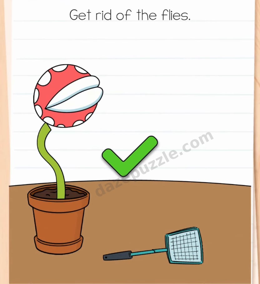 Brain Test Level 587 solved with the grown flytrap, no flies remaining, and authentic green check