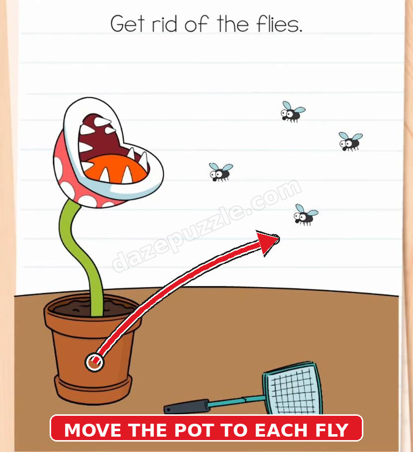 Brain Test Level 587 second step showing the flowerpot dragged around to catch each fly