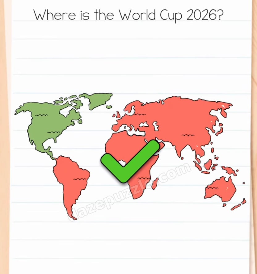 Brain Test Level 588 solved map with North America green, other continents red, and authentic green check