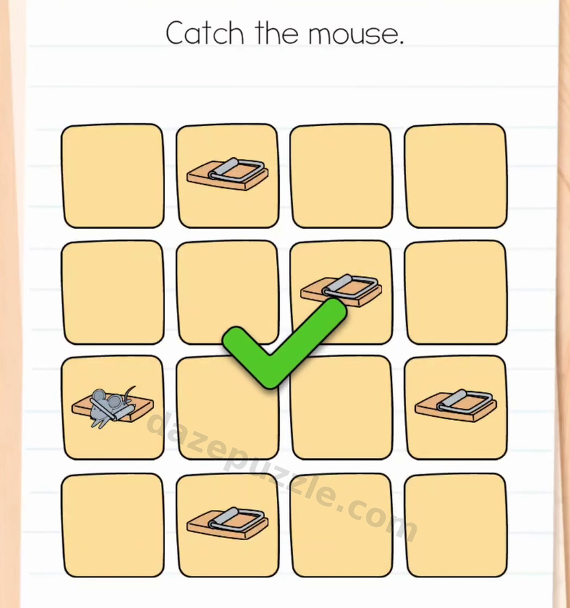 Brain Test Level 589 solved board with the mouse caught in a trap and the authentic green check