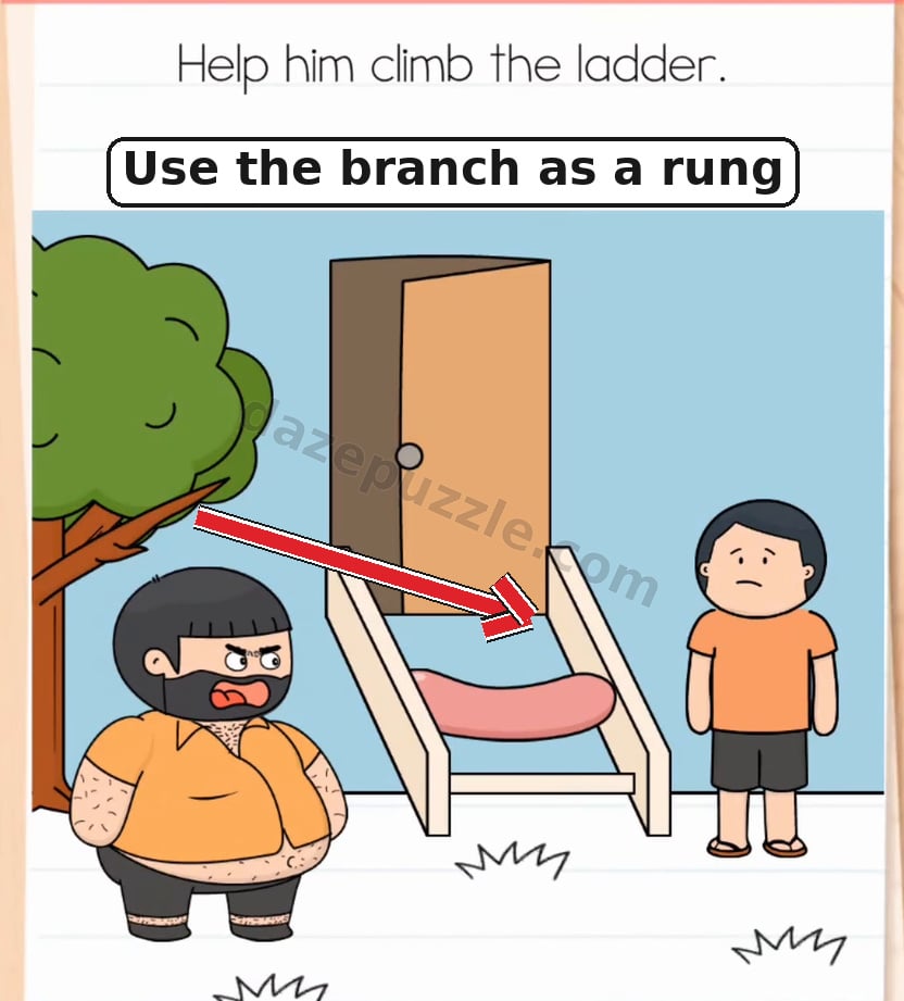 Brain Test Level 590 second step showing the tree branch moved into the upper ladder gap