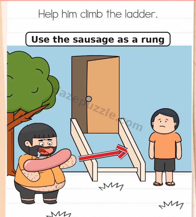 Brain Test Level 590 first step showing the giant sausage from the drooling man dragged into the lower ladder gap
