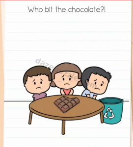 Brain Test Level 591 Who bit the chocolate puzzle showing three children, a bitten chocolate bar, and a recycling bin before interaction
