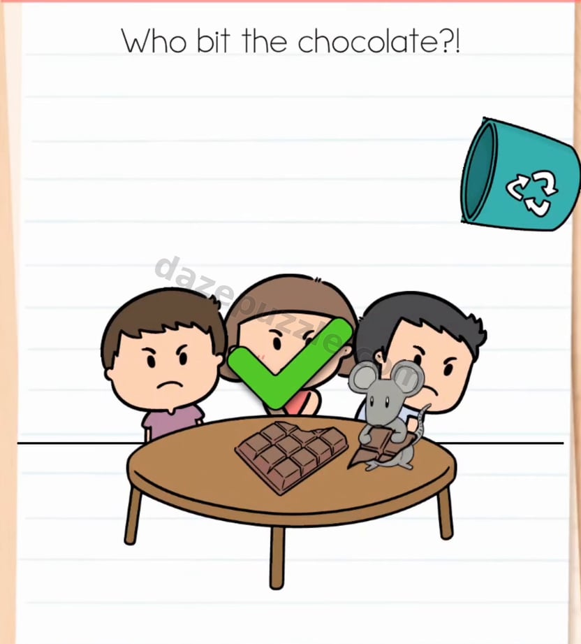 Brain Test Level 591 solved screen showing the mouse on the table holding chocolate with the authentic green check mark