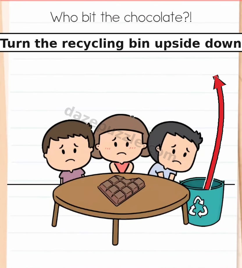 Brain Test Level 591 action showing an arrow lifting and turning the recycling bin upside down