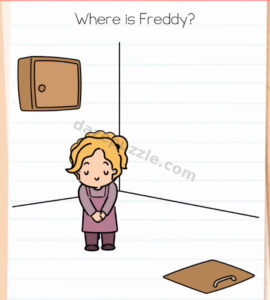 Brain Test Level 592 initial room with a girl, wall cabinet, and floor trapdoor