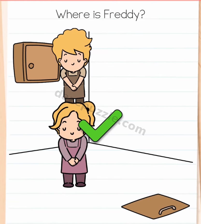 Brain Test Level 592 solved with Freddy revealed standing above the girl and the authentic green check