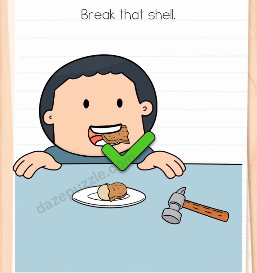 Brain Test Level 593 solved with the cracked peanut shell in the boy's mouth and authentic green check