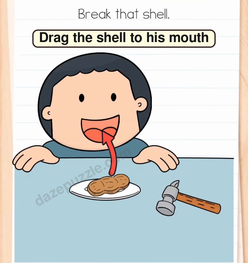 Brain Test Level 593 solution step showing an arrow dragging the peanut shell from the plate into the boy's open mouth
