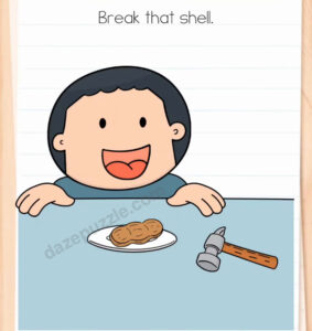 Brain Test Level 593 initial puzzle showing the boy, peanut shell on a plate, and a hammer on the table
