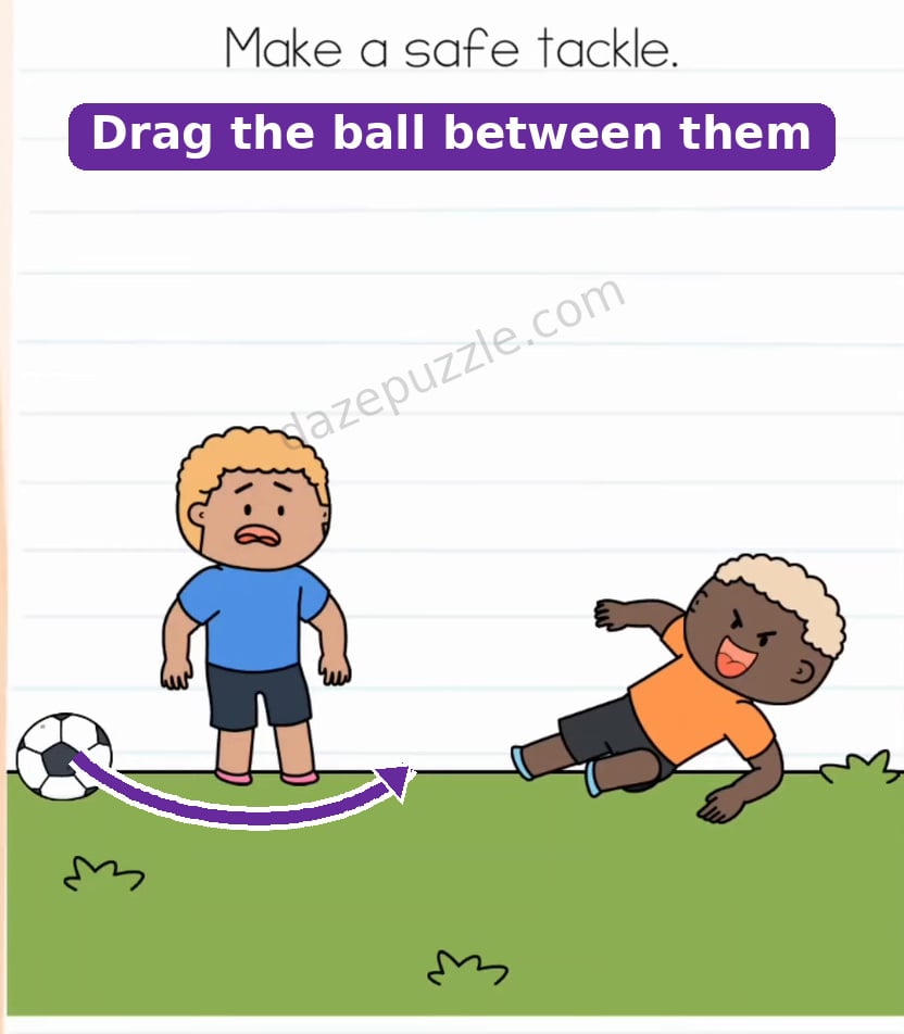 Brain Test Level 594 answer step showing curved purple arrow dragging soccer ball between the players