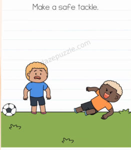 Brain Test Level 594 prompt showing a standing soccer player, an opponent slide-tackling, and a soccer ball