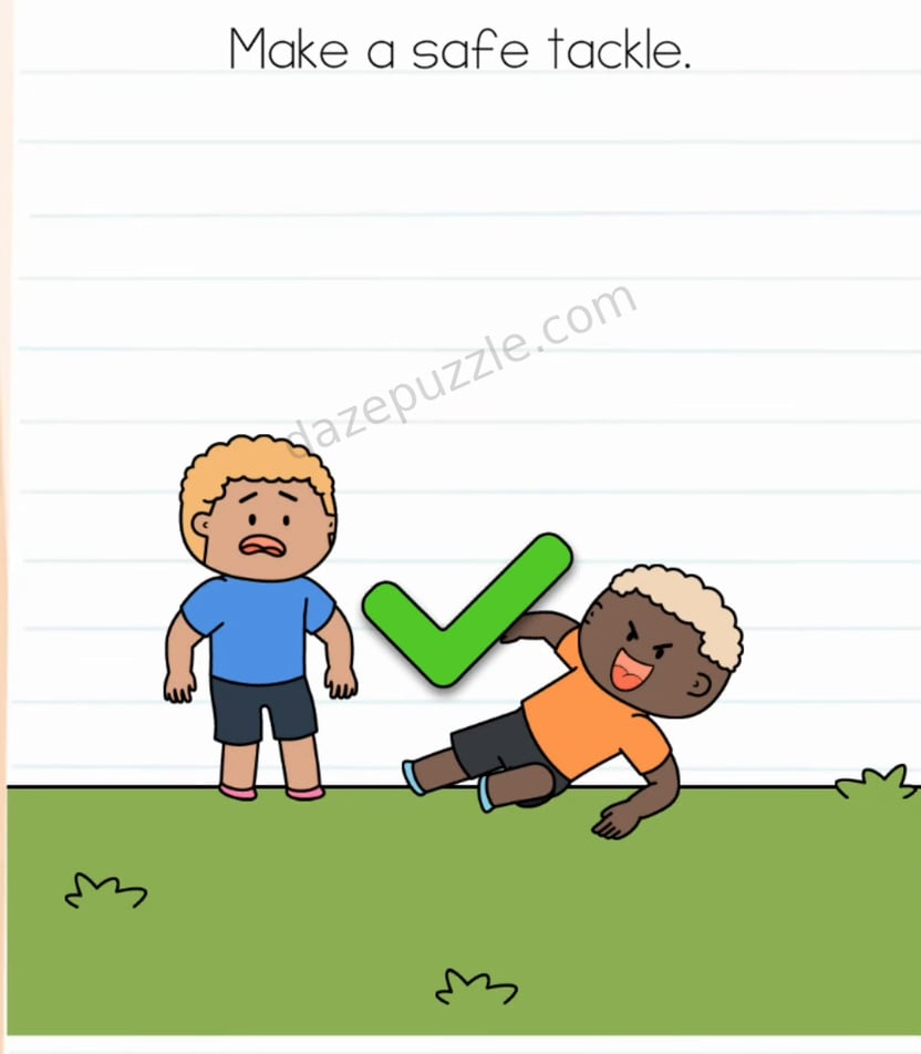 Brain Test Level 594 solved with authentic green checkmark after safe soccer tackle