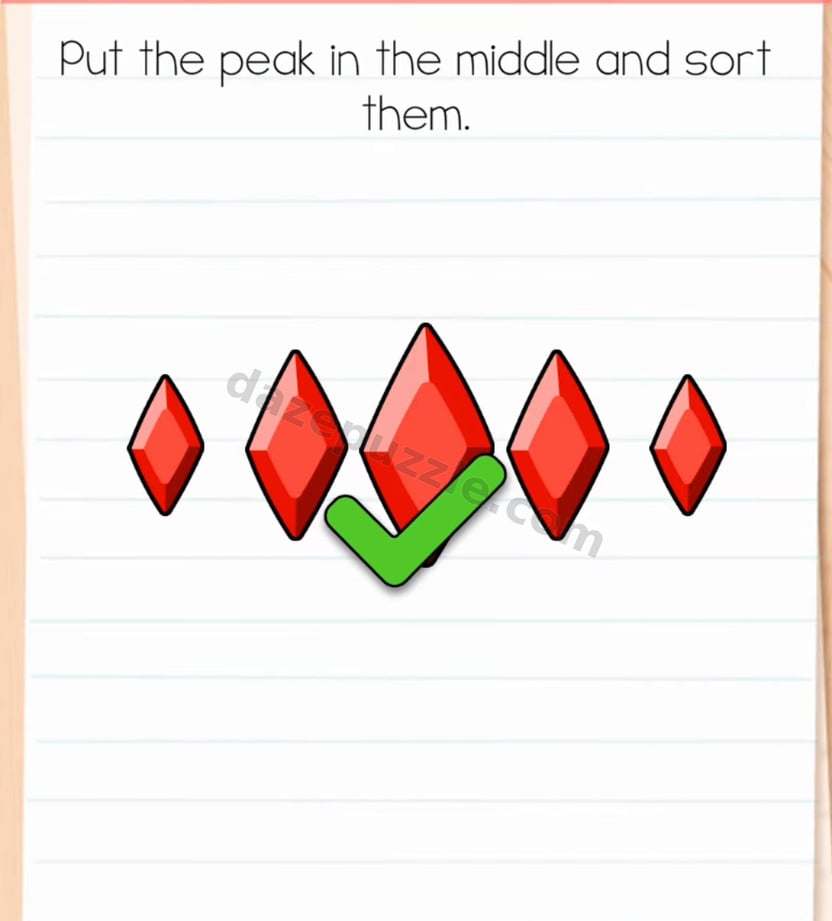 Brain Test Level 595 solved with five diamonds arranged symmetrically by height and the authentic green check