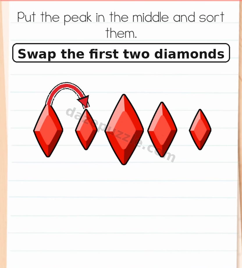 Brain Test Level 595 second step showing the medium diamond dragged into the second slot to swap them